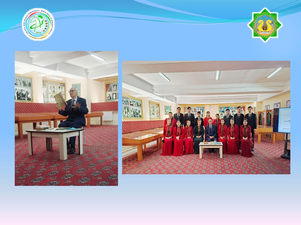 Türkmenistanyň at gazanan medeniýet işgäri, sazşynas  Öwezmyrat Gandymowyň sazşynas talyplar bilen duşuşygy